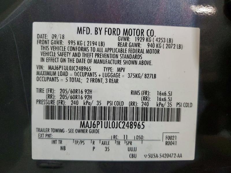 70703646 :رقم المزاد ، MAJ6P1UL0JC248965 vin ، 2018 Ford Ecosport مزاد بيع