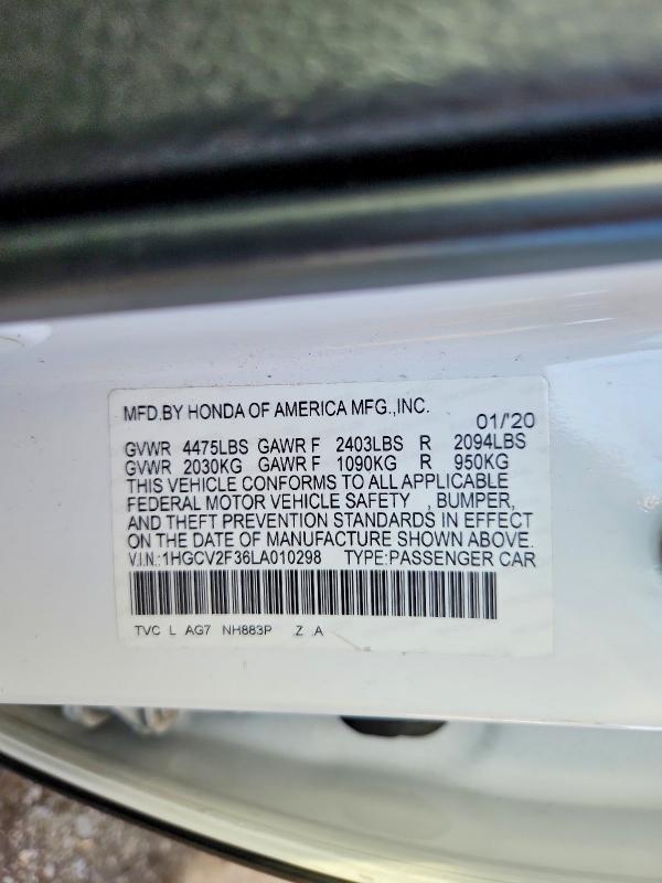 2020 Honda Accord მანქანა იყიდება აუქციონზე, vin: 1HGCV2F36LA010298, აუქციონის ნომერი: 67914366