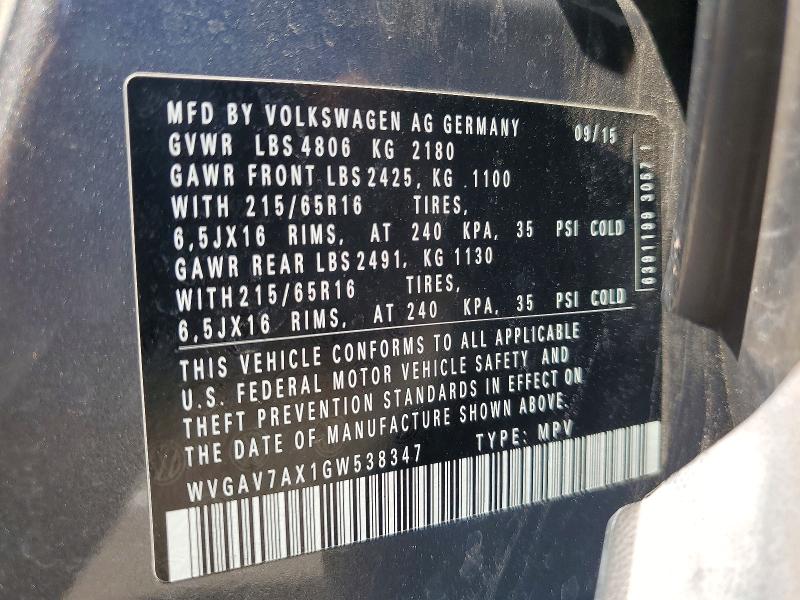 68641596 :رقم المزاد ، WVGAV7AX1GW538347 vin ، 2016 Volkswagen Tiguan مزاد بيع