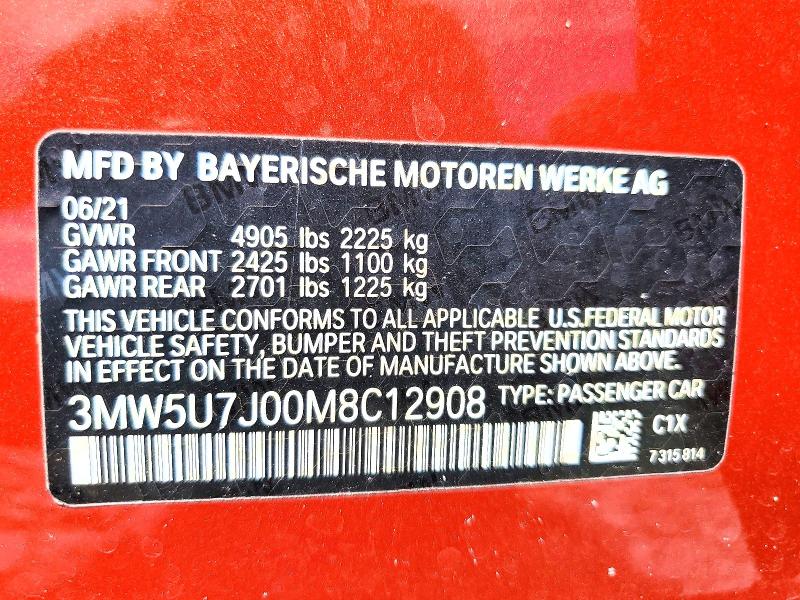 70809036 :رقم المزاد ، 3MW5U7J00M8C12908 vin ، 2021 Bmw M340i مزاد بيع