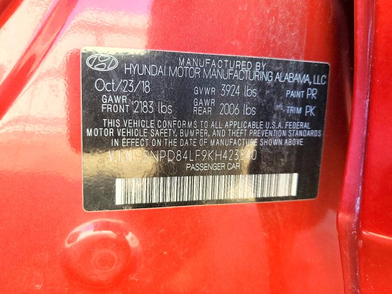 2019 Hyundai Elantra მანქანა იყიდება აუქციონზე, vin: 5NPD84LF9KH423540, აუქციონის ნომერი: 69921716