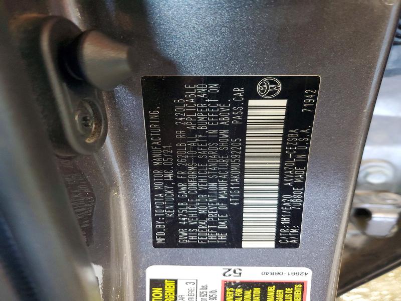 69679086 :رقم المزاد ، 4T1G11AK0MU592205 vin ، 2021 Toyota Camry مزاد بيع