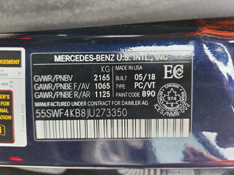 Aukcja sprzedaży 2018 Mercedes-benz C, vin: 55SWF4KB8JU273350, numer aukcji: 70632156
