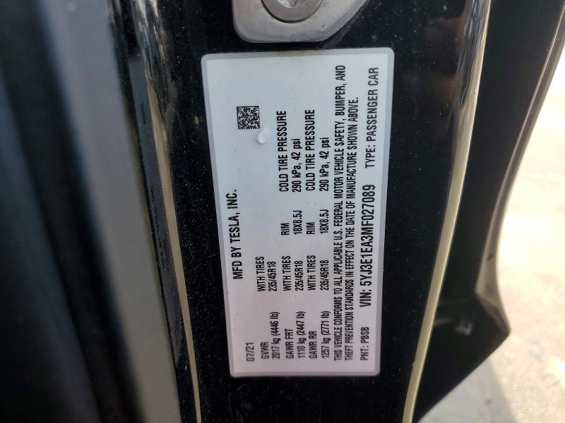 Auction sale of the 2021 Tesla Model 3, vin: 5YJ3E1EA3MF027089, lot number: 68269276