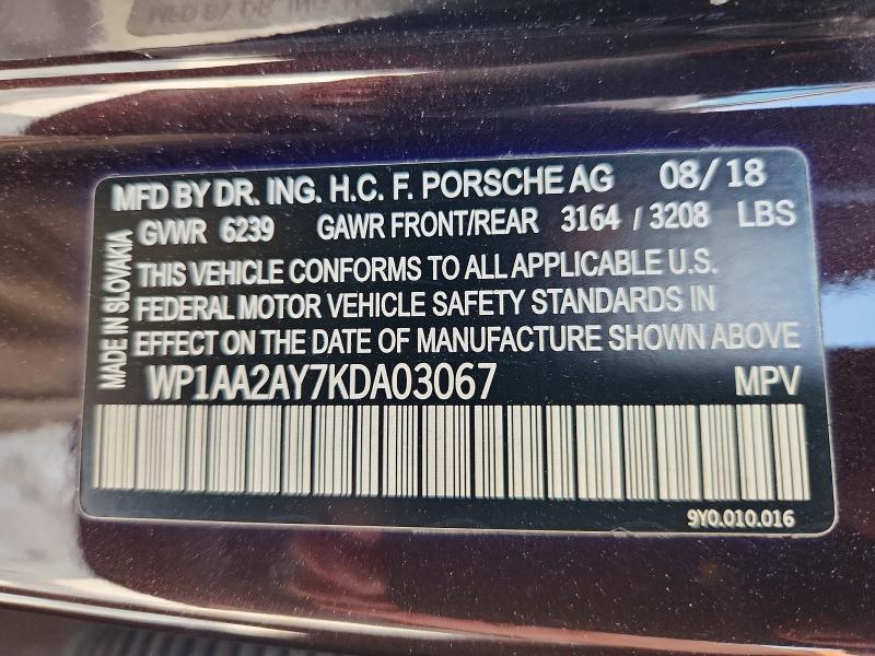 2019 Porsche Cayenne მანქანა იყიდება აუქციონზე, vin: WP1AA2AY7KDA03067, აუქციონის ნომერი: 68407796