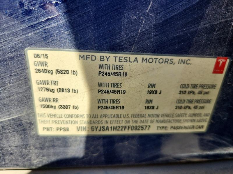 Продажа на аукционе авто 2015 Tesla Model S, vin: 5YJSA1H22FF092577, номер лота: 67559986