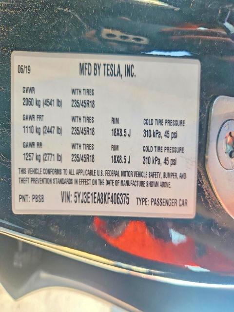 Продаж на аукціоні авто 2019 Tesla Model 3, vin: 5YJ3E1EA8KF406375, номер лоту: 68169596
