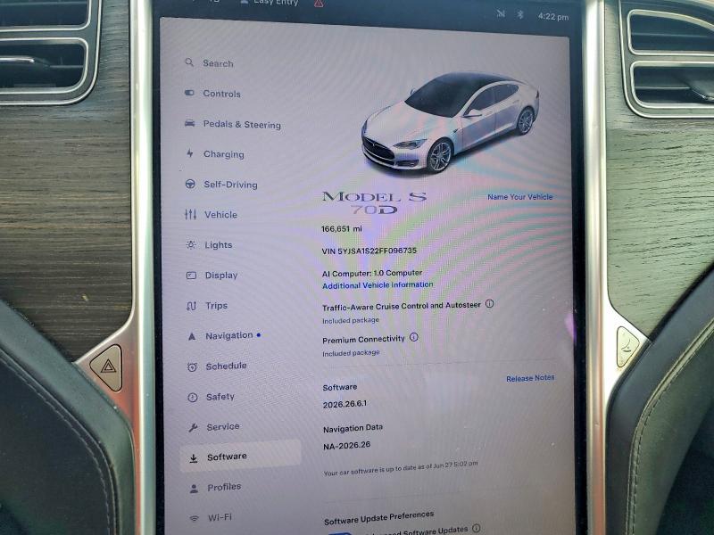 2015 Tesla Model S მანქანა იყიდება აუქციონზე, vin: 5YJSA1S22FF096735, აუქციონის ნომერი: 68415646