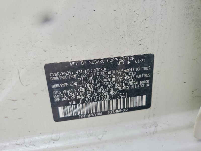 Aukcja sprzedaży 2021 Subaru Crosstrek, vin: JF2GTAEC8M8315541, numer aukcji: 67599186