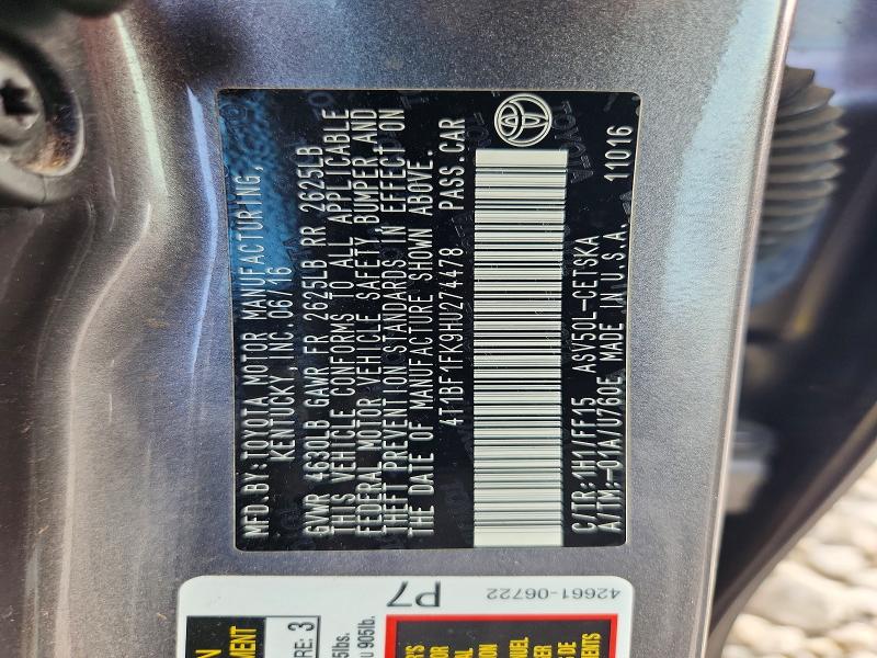 2017 Toyota Camry მანქანა იყიდება აუქციონზე, vin: 4T1BF1FK9HU274478, აუქციონის ნომერი: 68842216