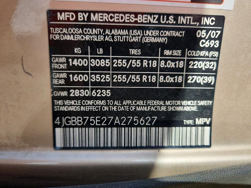 Aukcja sprzedaży 2007 Mercedes-benz Ml, vin: 4JGBB75E27A275627, numer aukcji: 68835266