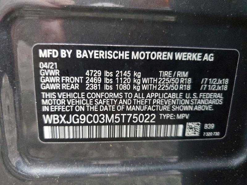 69789026 :رقم المزاد ، WBXJG9C03M5T75022 vin ، 2021 Bmw X1 مزاد بيع