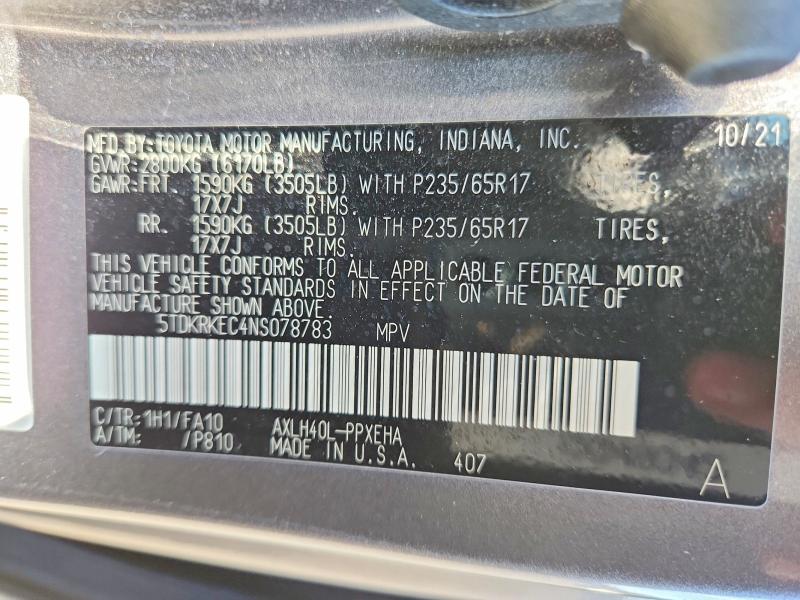 Aukcja sprzedaży 2022 Toyota Sienna, vin: 5TDKRKEC4NS078783, numer aukcji: 70329066