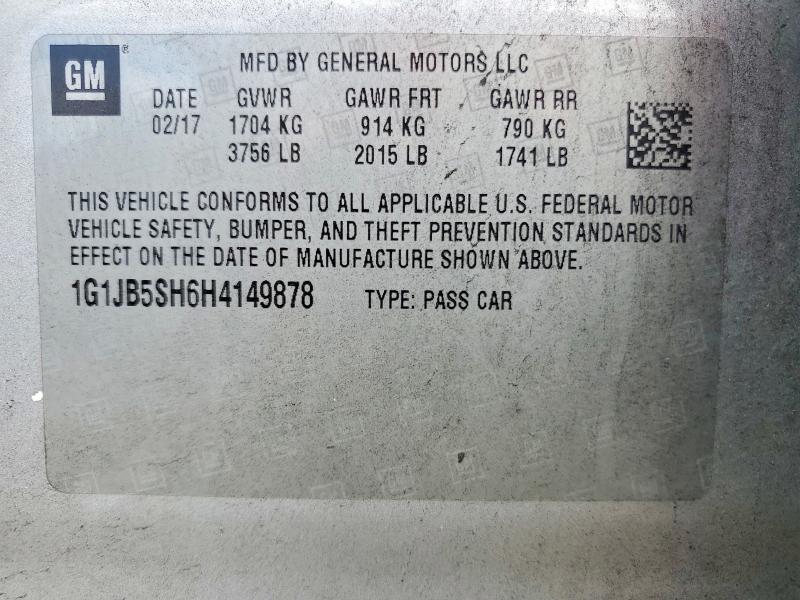 Aukcja sprzedaży 2017 Chevrolet Sonic, vin: 1G1JB5SH6H4149878, numer aukcji: 70176776