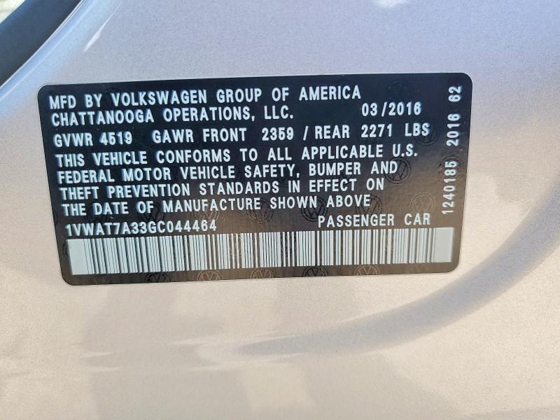 Продаж на аукціоні авто 2016 Volkswagen Passat, vin: 1VWAT7A33GC044464, номер лоту: 67409516