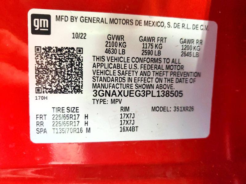 2023 Chevrolet Equinox მანქანა იყიდება აუქციონზე, vin: 3GNAXUEG3PL138505, აუქციონის ნომერი: 68934446