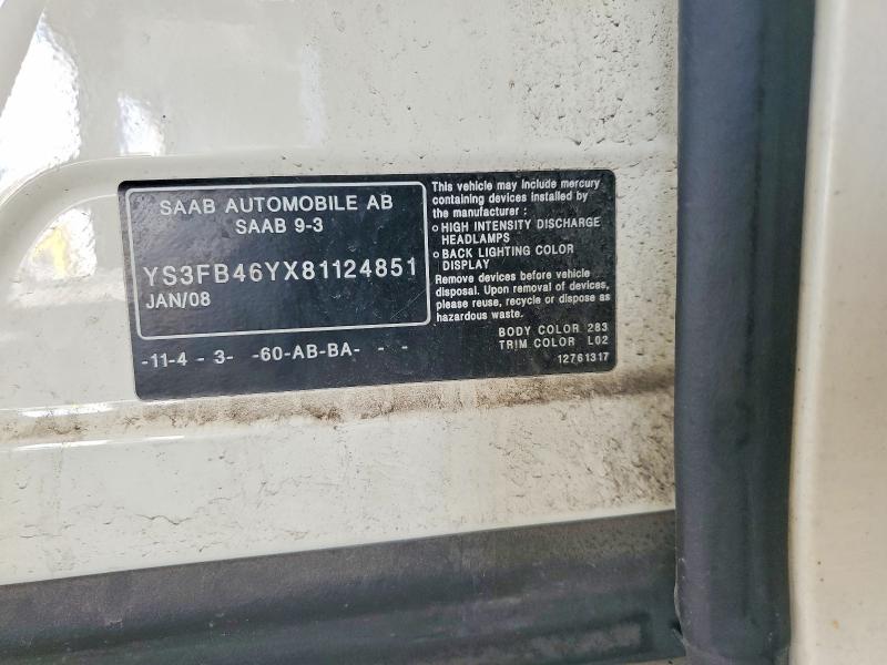 Aukcja sprzedaży 2008 Saab 9-3, vin: YS3FB46YX81124851, numer aukcji: 67459266