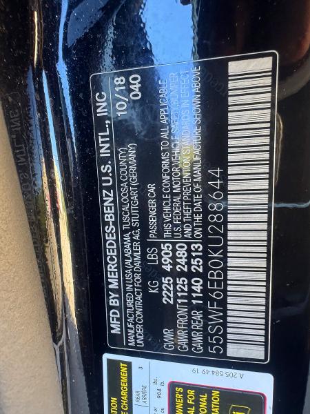 69365316 :رقم المزاد ، 55SWF6EB0KU288644         vin ، 2019 Mercedes-benz C مزاد بيع