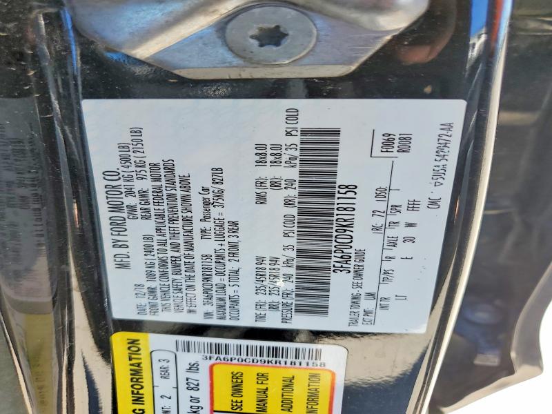 67819056 :رقم المزاد ، 3FA6P0CD9KR181158 vin ، 2019 Ford Fusion مزاد بيع