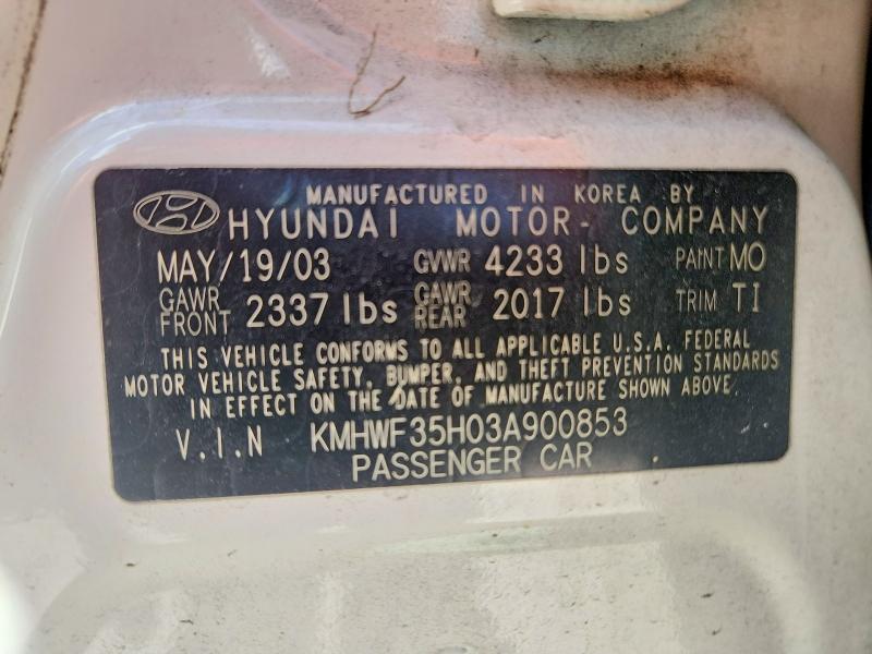 2003 Hyundai Sonata მანქანა იყიდება აუქციონზე, vin: KMHWF35H03A900853, აუქციონის ნომერი: 69184806