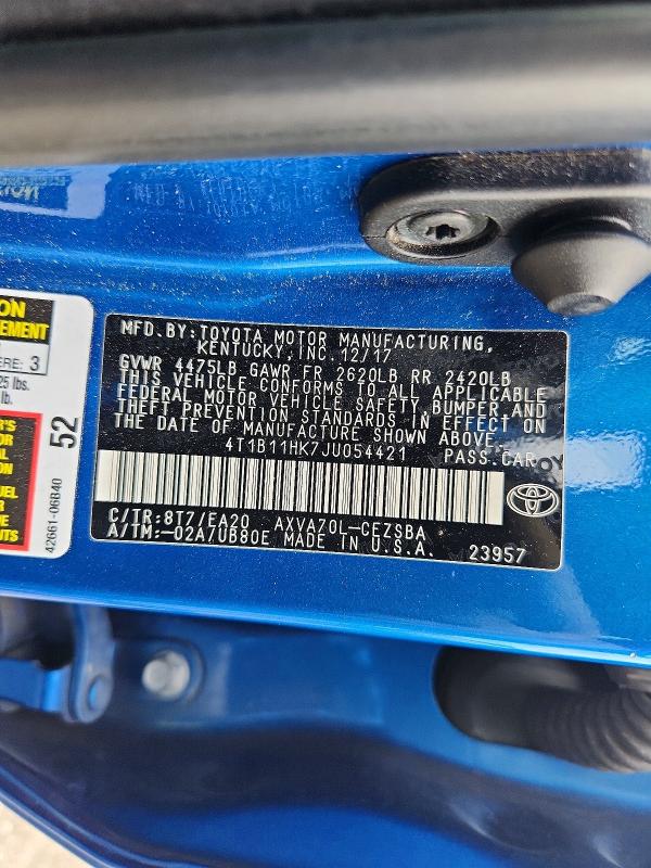 66852696 :رقم المزاد ، 4T1B11HK7JU054421 vin ، 2018 Toyota Camry مزاد بيع