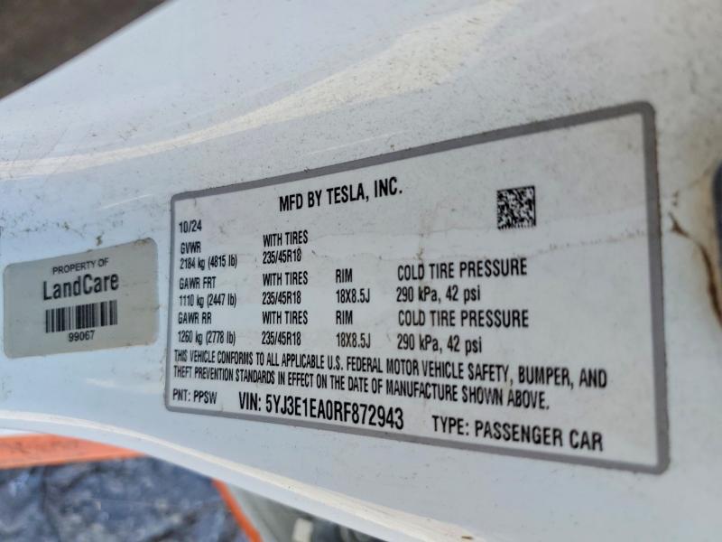 68204506 :رقم المزاد ، 5YJ3E1EA0RF872943 vin ، 2024 Tesla Model 3 مزاد بيع