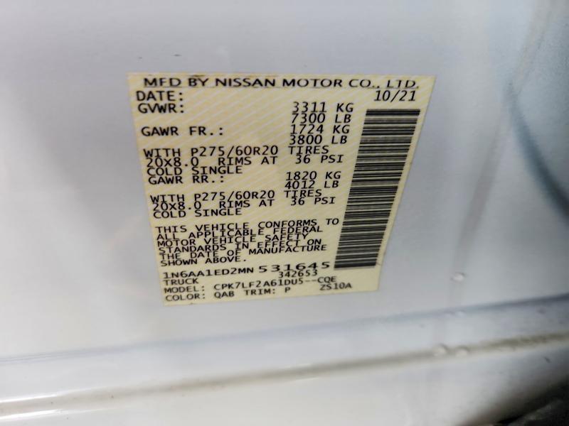 68025126 :رقم المزاد ، 1N6AA1ED2MN531645 vin ، 2021 Nissan Titan مزاد بيع