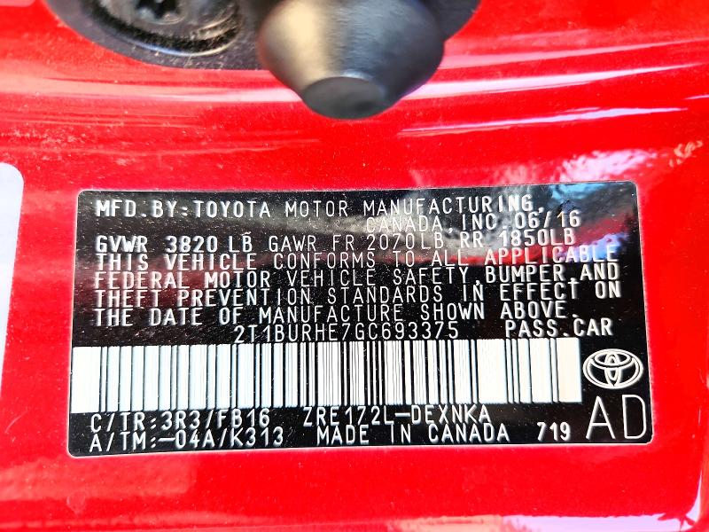68754976 :رقم المزاد ، 2T1BURHE7GC693375 vin ، 2016 Toyota Corolla مزاد بيع