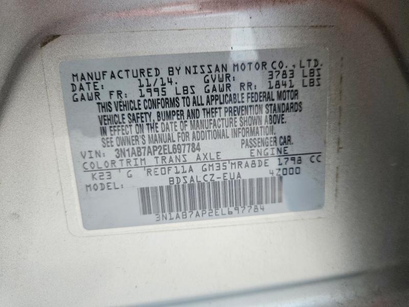 2014 Nissan Sentra მანქანა იყიდება აუქციონზე, vin: 3N1AB7AP2EL697784, აუქციონის ნომერი: 70559076