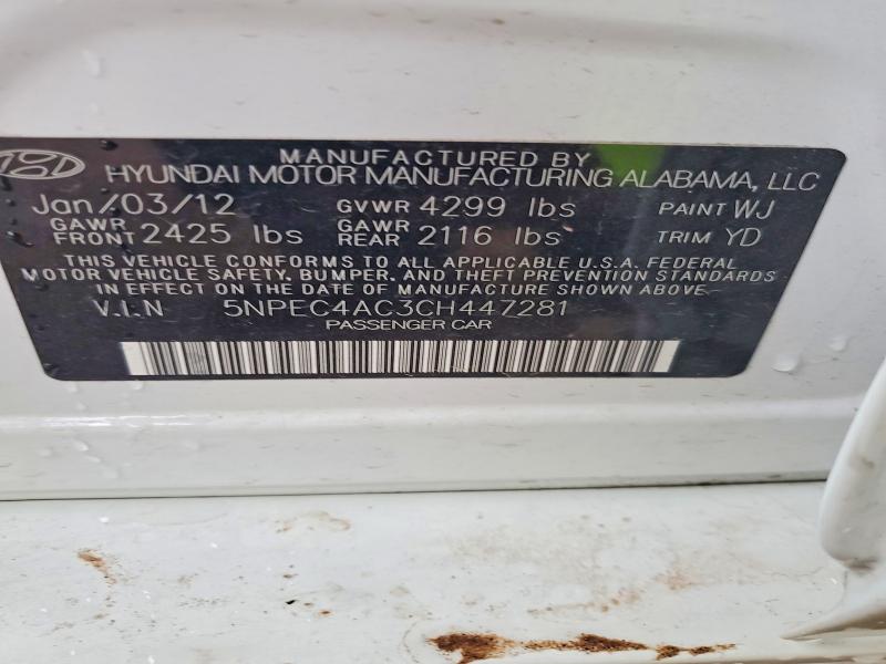 2012 Hyundai Sonata მანქანა იყიდება აუქციონზე, vin: 5NPEC4AC3CH447281, აუქციონის ნომერი: 70634666