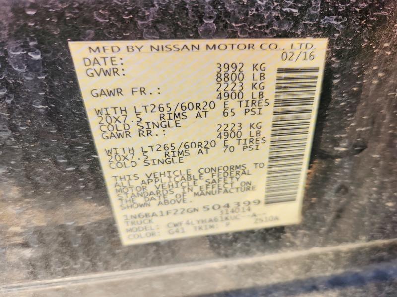 70585096 :رقم المزاد ، 1N6BA1F22GN504399 vin ، 2016 Nissan Titan Xd مزاد بيع