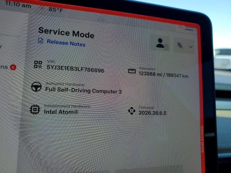 70862156 :رقم المزاد ، 5YJ3E1EB3LF786896 vin ، 2020 Tesla Model 3 مزاد بيع