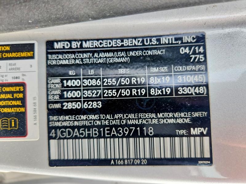 68242866 :رقم المزاد ، 4JGDA5HB1EA397118 vin ، 2014 Mercedes-benz Ml مزاد بيع
