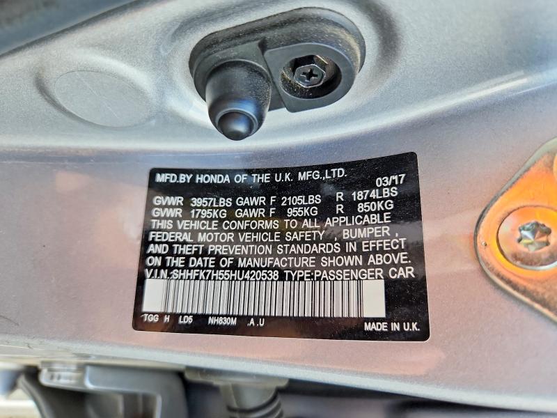 2017 Honda Civic მანქანა იყიდება აუქციონზე, vin: SHHFK7H55HU420538, აუქციონის ნომერი: 69114576