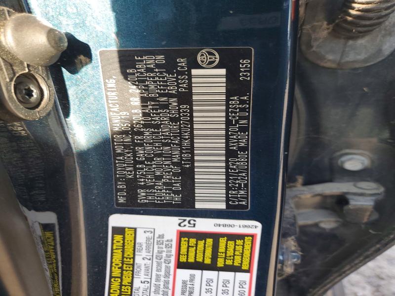 2019 Toyota Camry მანქანა იყიდება აუქციონზე, vin: 4T1B11HK4KU270339, აუქციონის ნომერი: 68958306