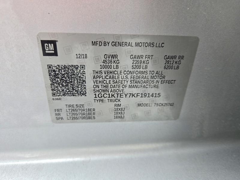 70806946 :رقم المزاد ، 1GC1KTEY7KF191415 vin ، 2019 Chevrolet Silverado مزاد بيع