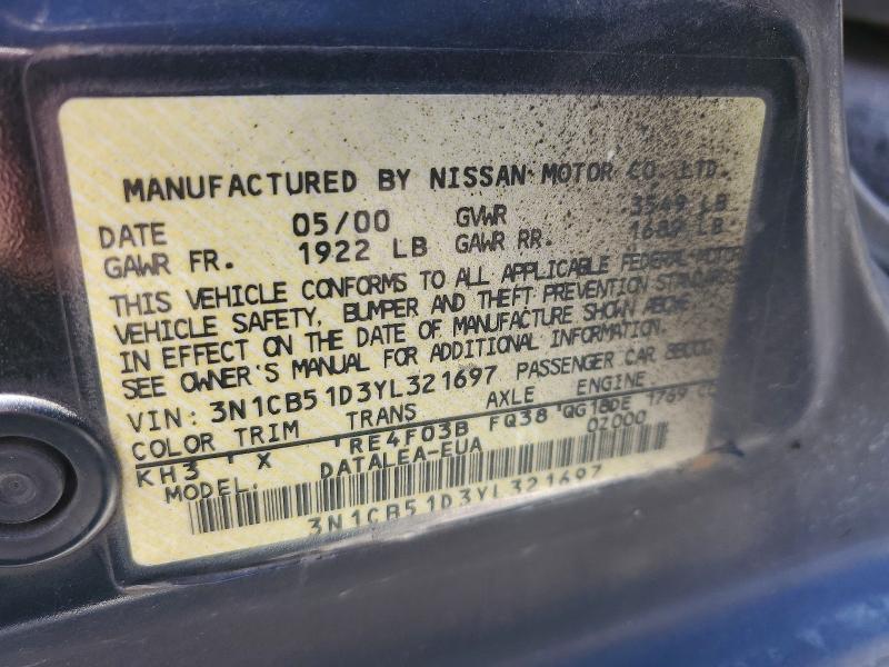2000 Nissan Sentra მანქანა იყიდება აუქციონზე, vin: 3N1CB51D3YL321697, აუქციონის ნომერი: 66857036