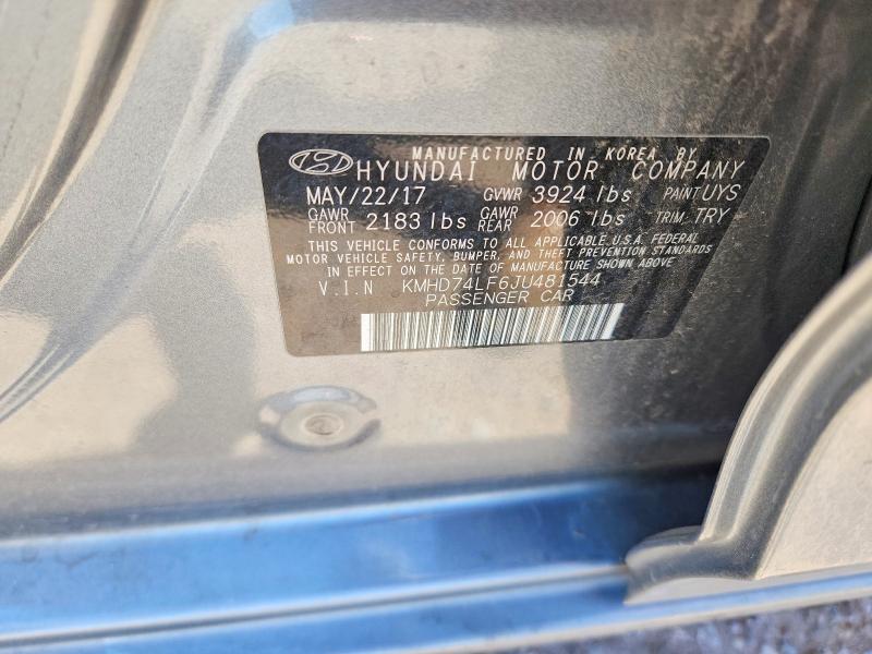 2018 Hyundai Elantra მანქანა იყიდება აუქციონზე, vin: KMHD74LF6JU481544, აუქციონის ნომერი: 68791486