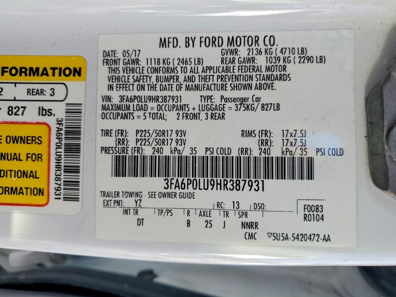 2017 Ford Fusion მანქანა იყიდება აუქციონზე, vin: 3FA6P0LU9HR387931, აუქციონის ნომერი: 70896926