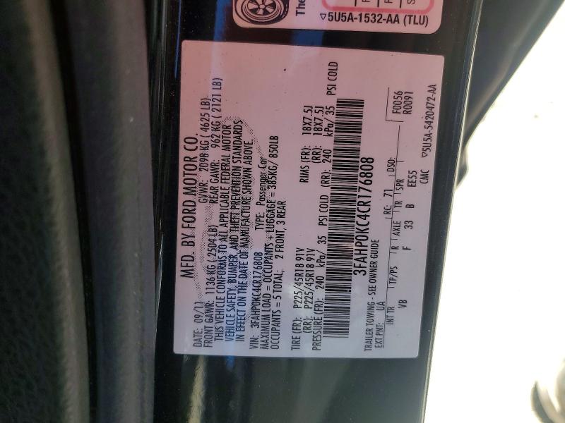 2012 Ford Fusion მანქანა იყიდება აუქციონზე, vin: 3FAHP0KC4CR176808, აუქციონის ნომერი: 68342456