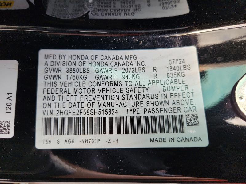 Продаж на аукціоні авто 2025 Honda Civic, vin: 2HGFE2F58SH515824, номер лоту: 69182226