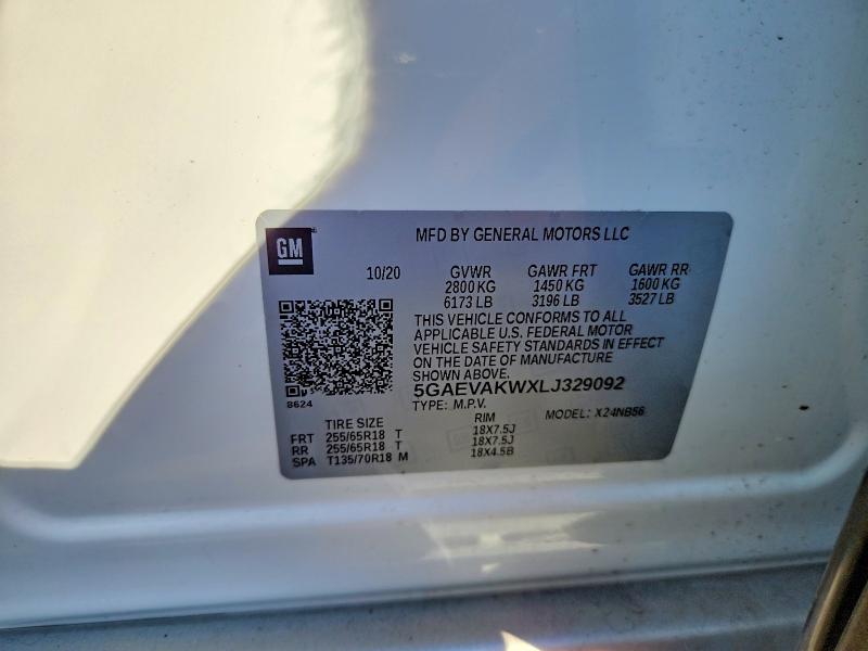 2020 Buick Enclave მანქანა იყიდება აუქციონზე, vin: 5GAEVAKWXLJ329092, აუქციონის ნომერი: 69593496