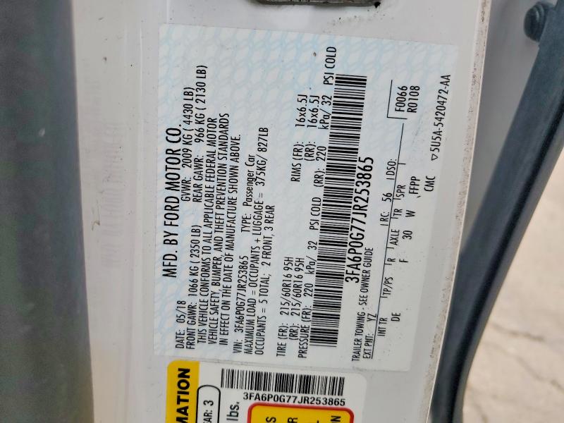 67852996 :رقم المزاد ، 3FA6P0G77JR253865 vin ، 2018 Ford Fusion مزاد بيع