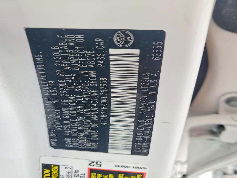 2019 Toyota Camry მანქანა იყიდება აუქციონზე, vin: 4T1B11HK0KU792658, აუქციონის ნომერი: 69418486