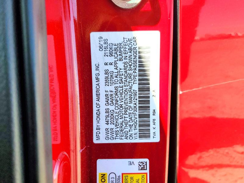 2019 Honda Accord მანქანა იყიდება აუქციონზე, vin: 1HGCV1F30KA121907, აუქციონის ნომერი: 68797976