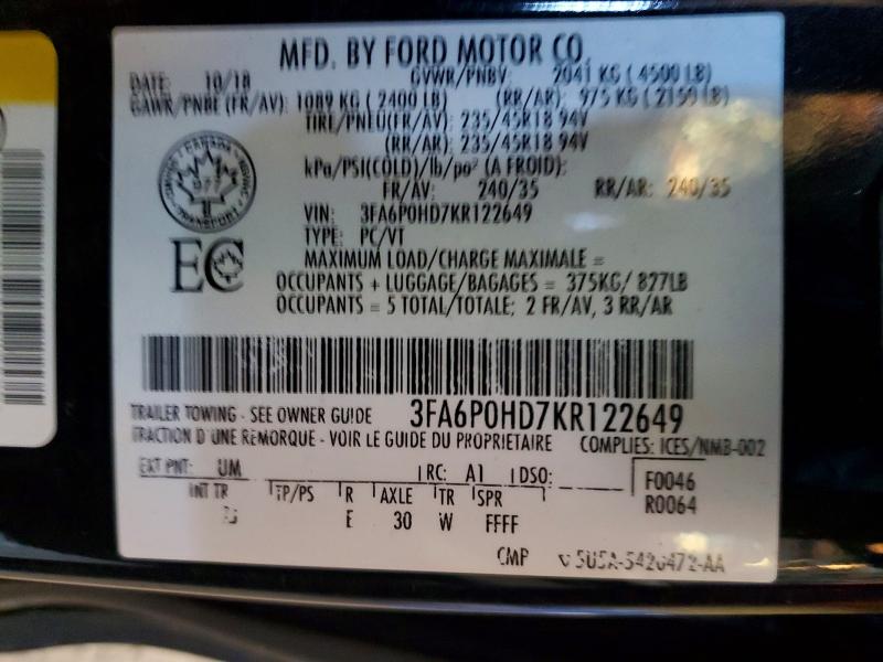 67597366 :رقم المزاد ، 3FA6P0HD7KR122649 vin ، 2019 Ford Fusion مزاد بيع