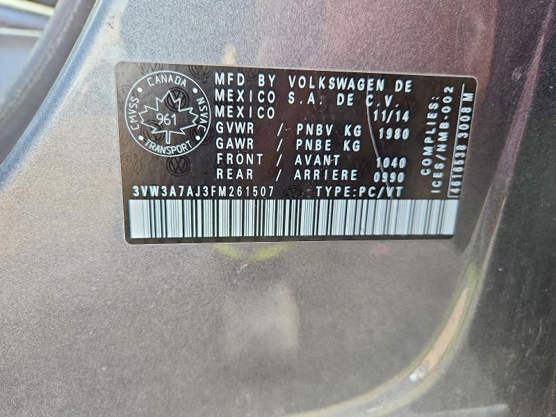 66941016 :رقم المزاد ، 3VW3A7AJ3FM261507 vin ، 2015 Volkswagen Jetta مزاد بيع
