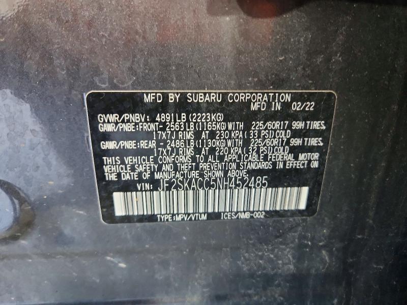69864576 :رقم المزاد ، JF2SKACC5NH452485 vin ، 2022 Subaru Forester مزاد بيع