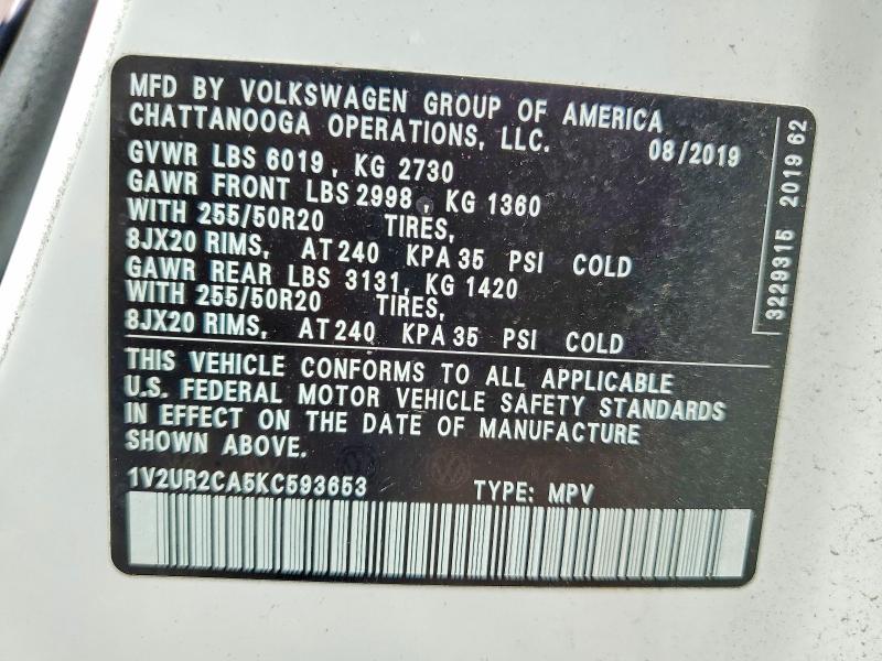 68941626 :رقم المزاد ، 1V2UR2CA5KC593653 vin ، 2019 Volkswagen Atlas مزاد بيع