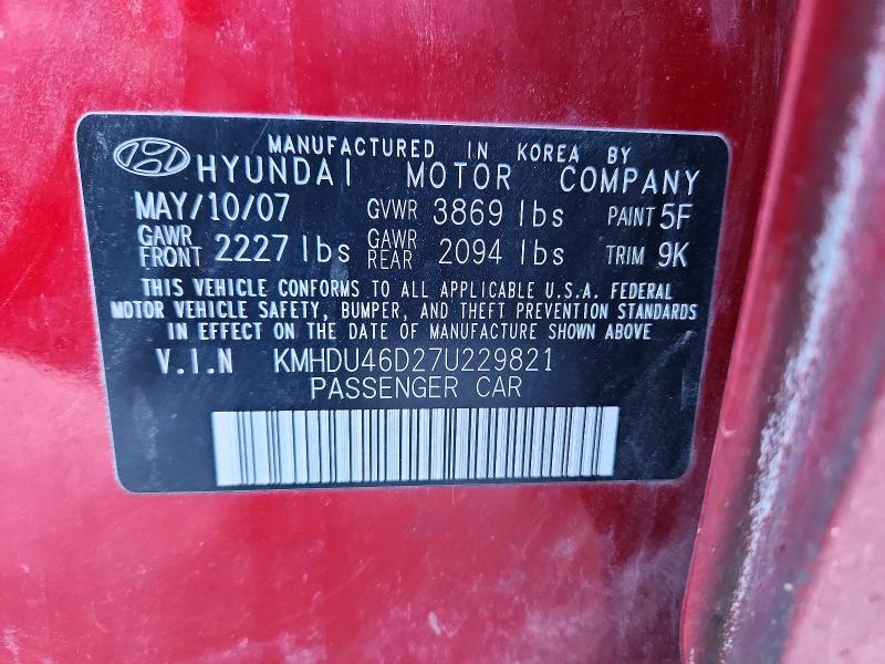 Aukcja sprzedaży 2007 Hyundai Elantra, vin: KMHDU46D27U229821, numer aukcji: 70139896